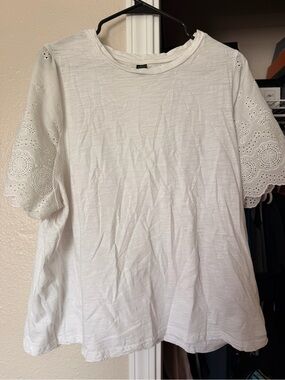 Women's White Eyelet Sleeve Tee - Casual Knit Top